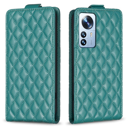 Teal diamond lattice vertical flip leather phone case with card slot and camera cutout
