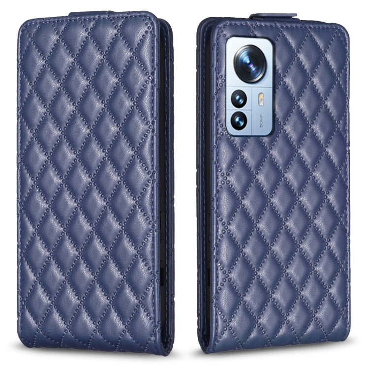 Blue diamond lattice vertical flip leather phone case with camera cutout