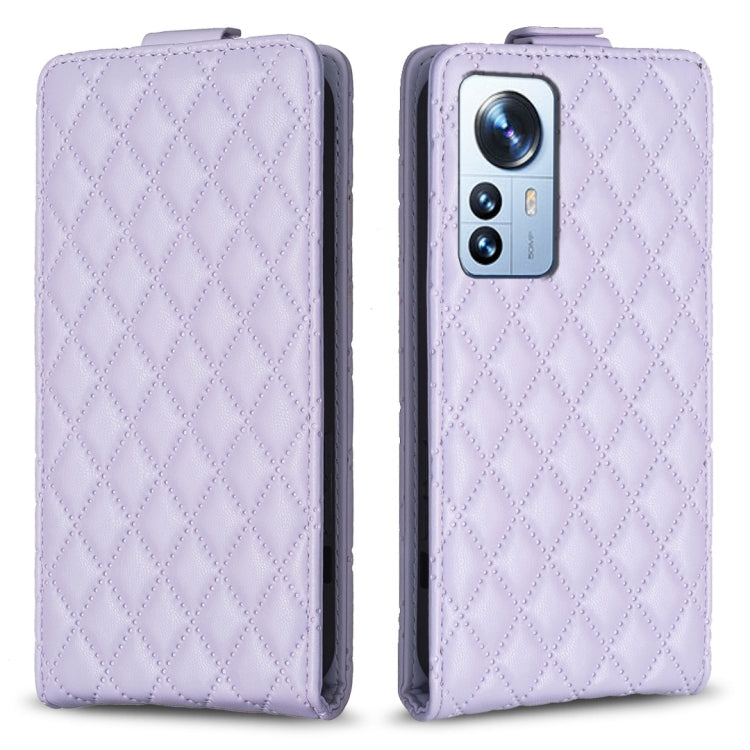Light purple diamond lattice vertical flip leather phone case with camera cutout
