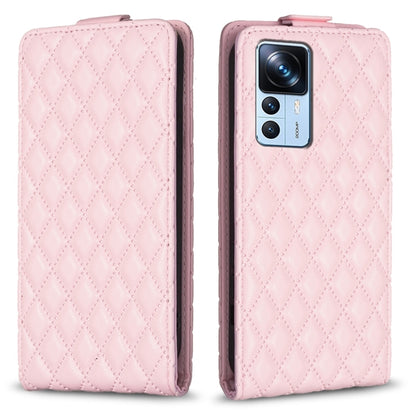 Light pink diamond-lattice leather flip phone case with camera cutout and side openings