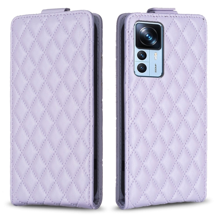 Lavender diamond-lattice leather flip phone case with camera cutout and snap tab