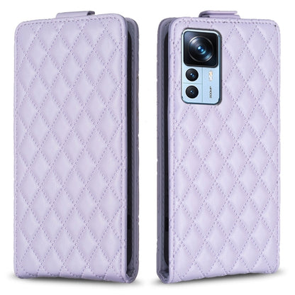 Lavender diamond-lattice leather flip phone case with camera cutout and snap tab