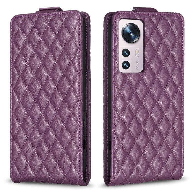 Purple diamond lattice vertical flip leather phone case with camera cutout
