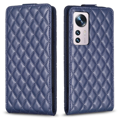 Diamond lattice vertical flip leather phone case, blue, with camera cutout