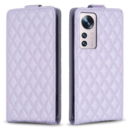 Diamond lattice vertical flip leather phone case, light lavender, with camera cutout