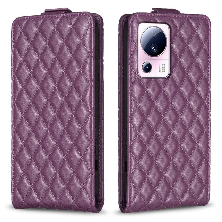 Mauve purple diamond-lattice vertical flip leather phone case with camera cutout