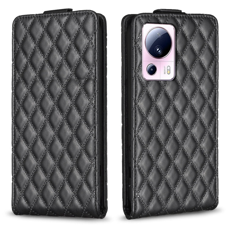 Dark gray diamond-lattice vertical flip leather phone case with camera cutout