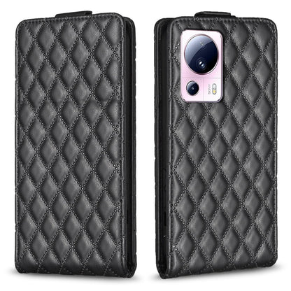 Dark gray diamond-lattice vertical flip leather phone case with camera cutout