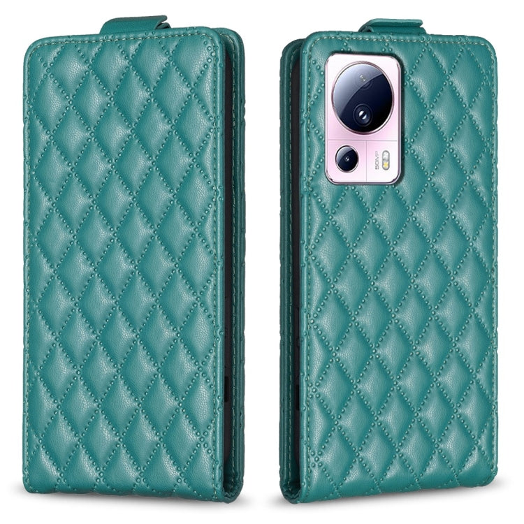 Teal diamond-lattice vertical flip leather phone case with visible camera cutout