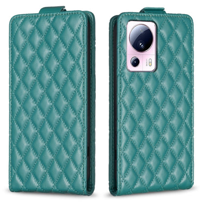 Teal diamond-lattice vertical flip leather phone case with visible camera cutout
