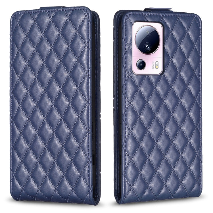 Blue leather flip phone case with diamond lattice texture and camera cutout