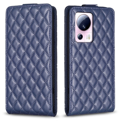 Blue leather flip phone case with diamond lattice texture and camera cutout
