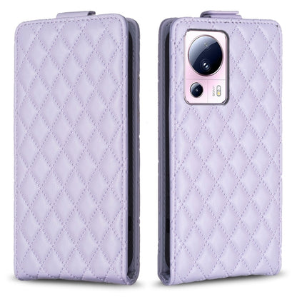 Lavender leather flip phone case with diamond lattice texture and camera cutout
