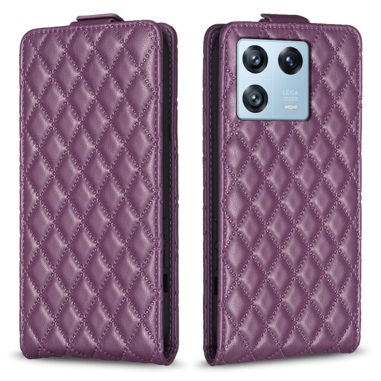Purple leather flip phone case with diamond lattice texture and camera cutout