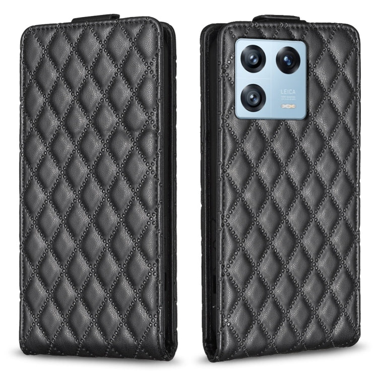 Black diamond lattice vertical flip leather phone case, front and back view.