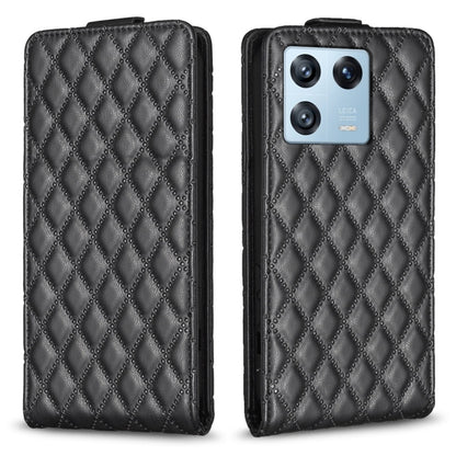 Black diamond lattice vertical flip leather phone case, front and back view.