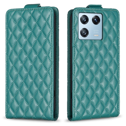 Teal diamond lattice vertical flip leather phone case, front and back view.