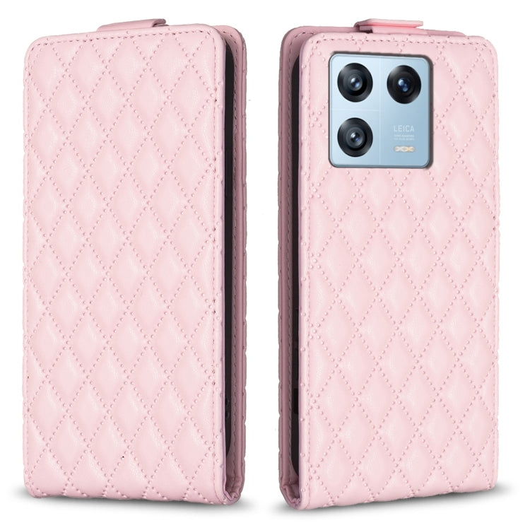 Pink diamond lattice vertical flip leather phone case, front and back view.