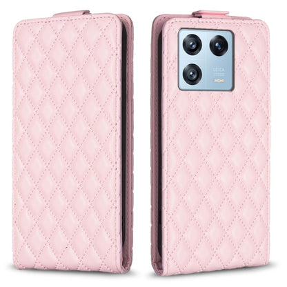 Pink diamond lattice vertical flip leather phone case, front and back view.