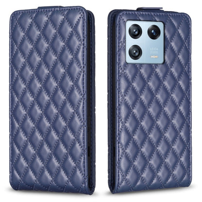 Blue diamond lattice vertical flip leather phone case, front and back view.