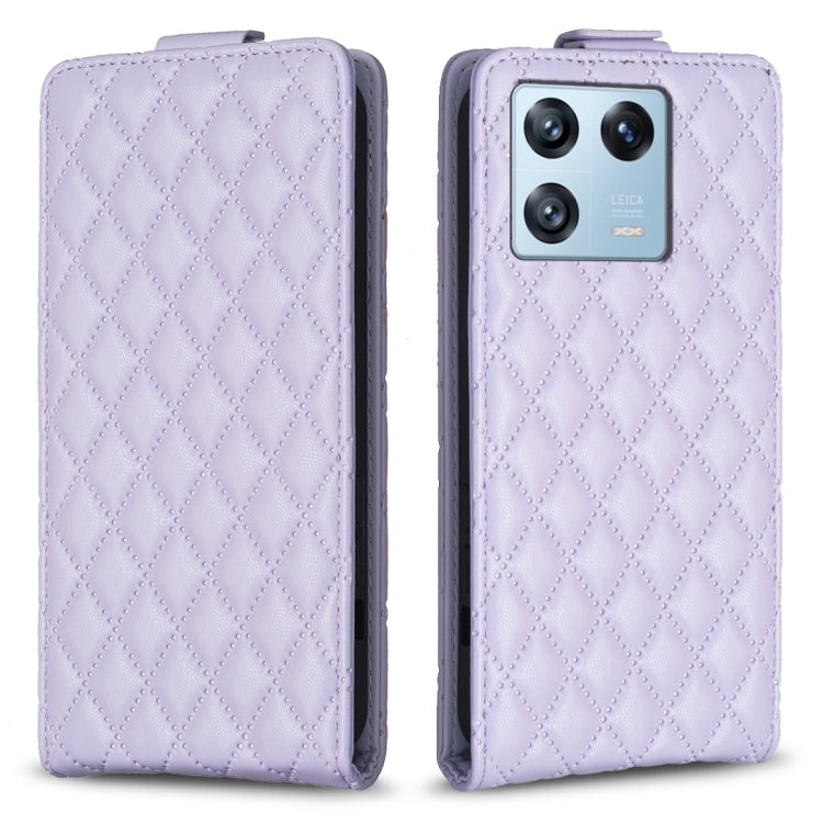 Light purple diamond lattice vertical flip leather phone case, front and back view.