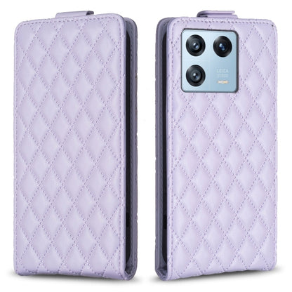 Light purple diamond lattice vertical flip leather phone case, front and back view.