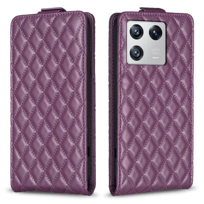 Purple diamond lattice vertical flip leather phone case, front and back view.