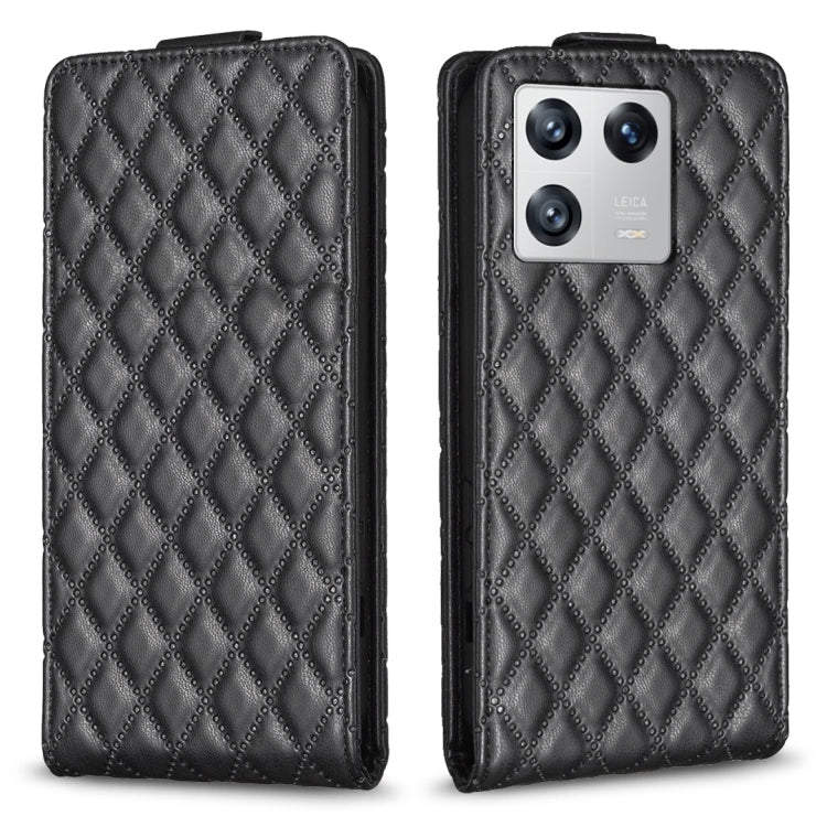 Black vertical flip leather phone case with diamond lattice texture, front and back.