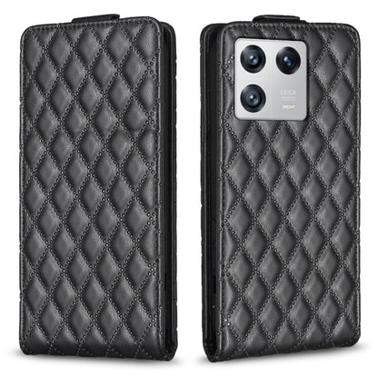 Black vertical flip leather phone case with diamond lattice texture, front and back.