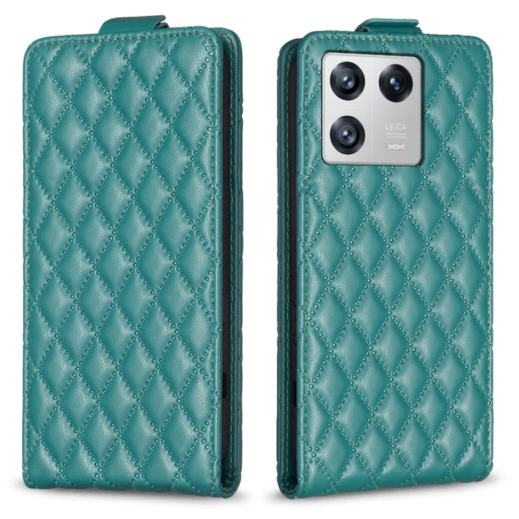 Teal vertical flip leather phone case with diamond lattice texture, front and back.