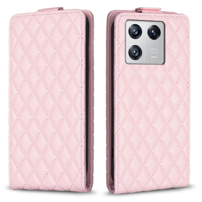Pink vertical flip leather phone case with diamond lattice texture, front and back.