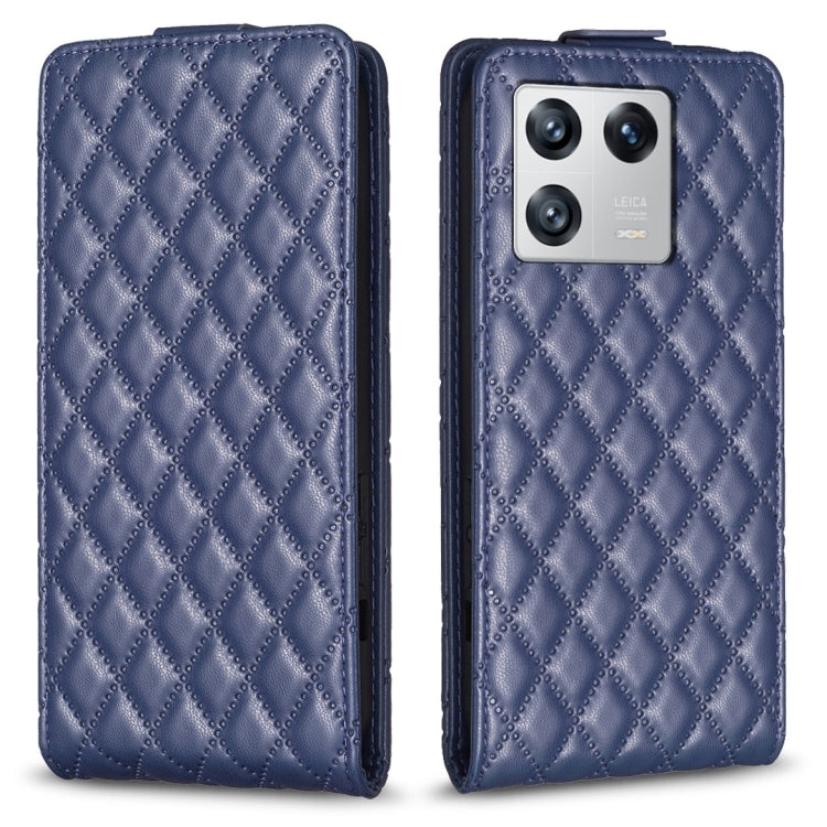 Blue vertical flip leather phone case with diamond lattice texture, front and back.