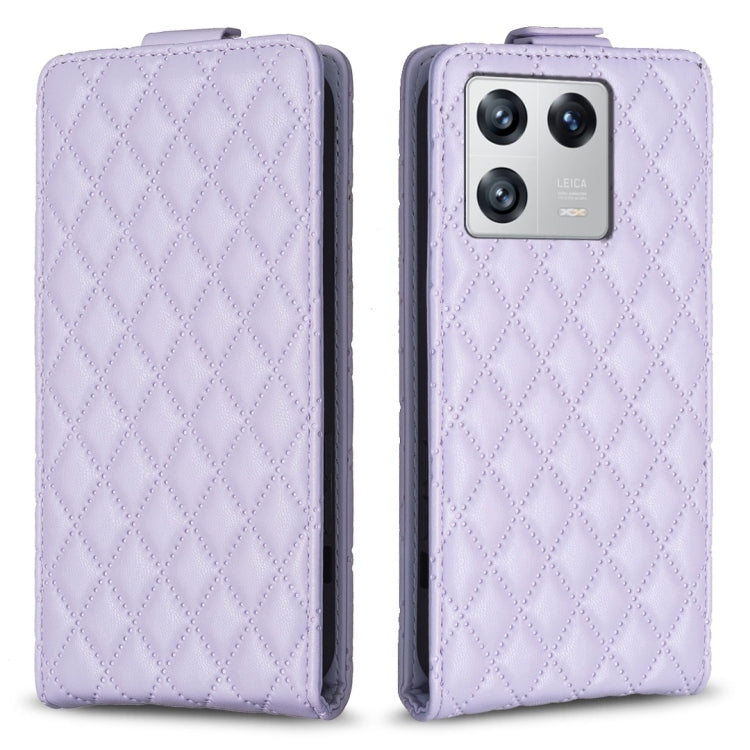Lavender diamond-lattice leather flip phone case with camera cutout and side buttons