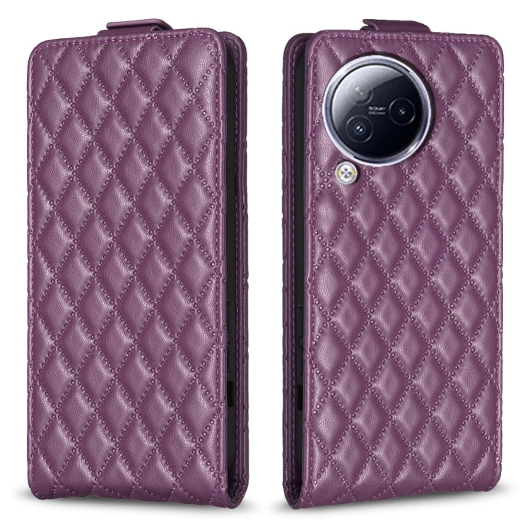 Dark purple leather flip phone case with diamond lattice texture and camera cutout