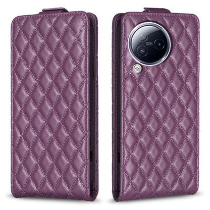 Dark purple leather flip phone case with diamond lattice texture and camera cutout