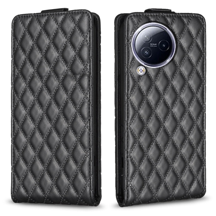Black leather flip phone case with diamond lattice pattern and camera cutout
