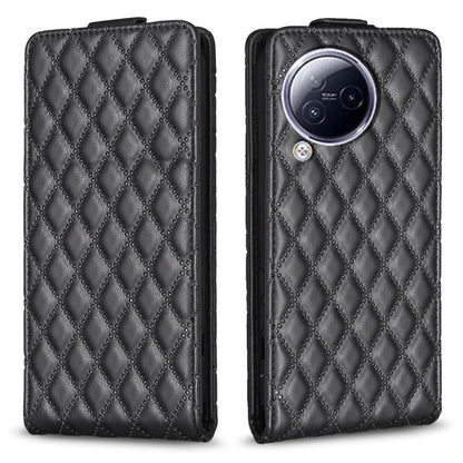 Black leather flip phone case with diamond lattice pattern and camera cutout