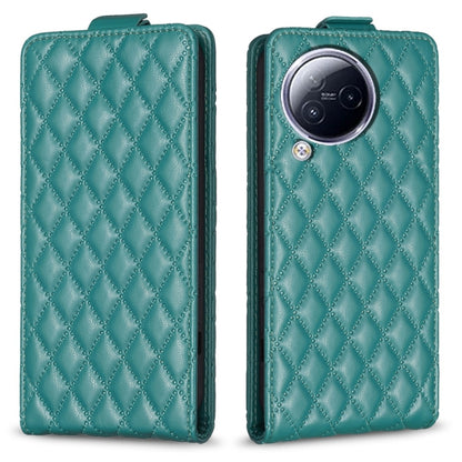 Green leather flip phone case with diamond lattice pattern and camera cutout