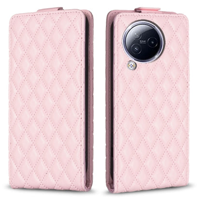Pink leather flip phone case with diamond lattice texture and camera cutout