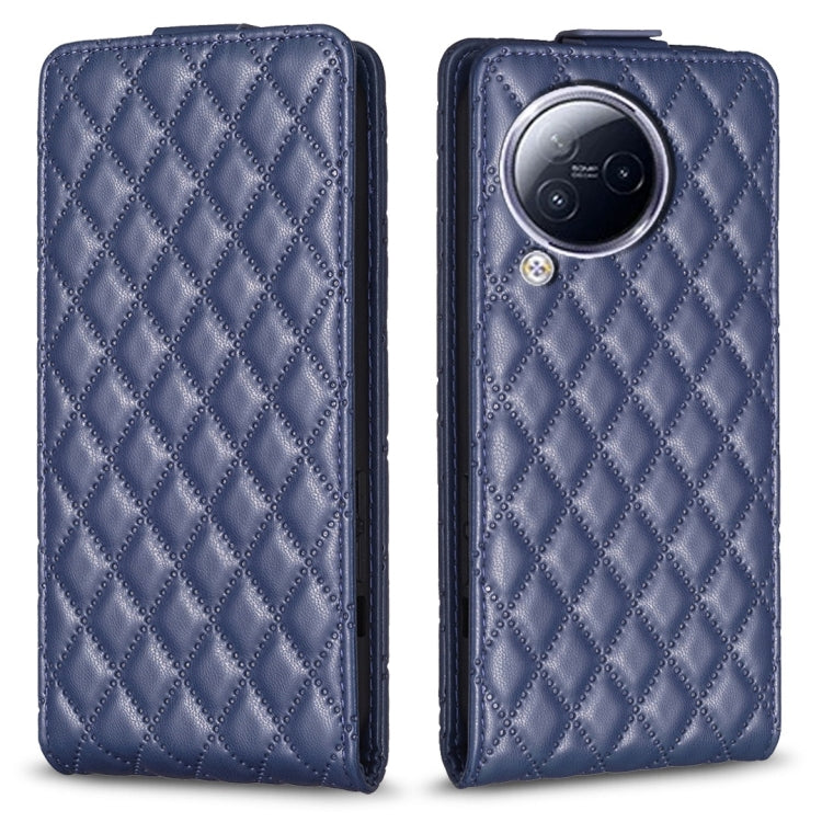 Blue leather flip phone case with diamond lattice pattern and camera cutout