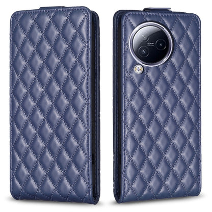 Blue leather flip phone case with diamond lattice pattern and camera cutout