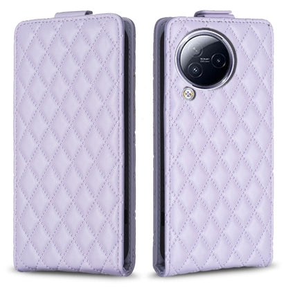 Light purple leather flip phone case with diamond lattice pattern and round camera opening
