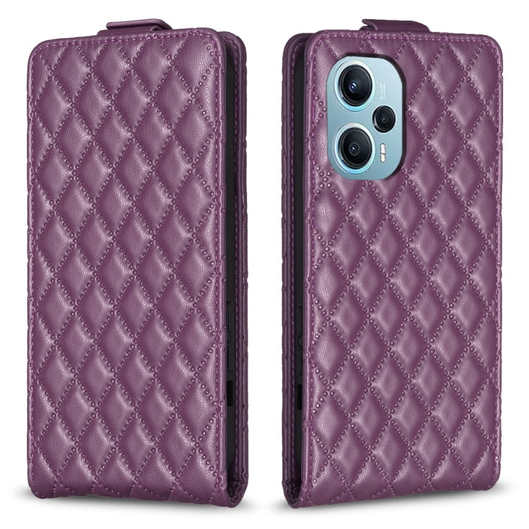 Purple leather flip phone case with diamond lattice pattern, camera cutouts