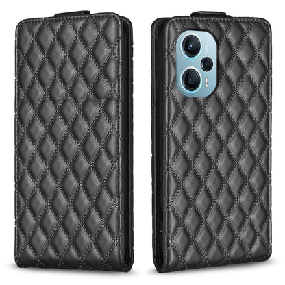 Black leather flip phone case with diamond lattice pattern, camera cutouts