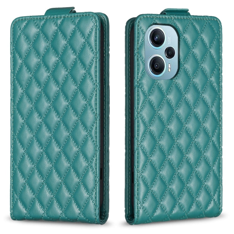 Teal leather flip phone case with diamond lattice pattern, camera cutouts