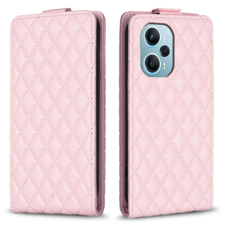 Pink leather flip phone case with diamond lattice pattern and fold-over cover