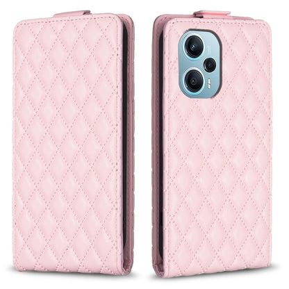 Pink leather flip phone case with diamond lattice pattern and fold-over cover