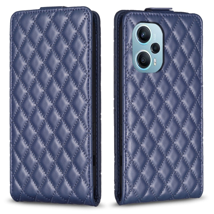 Dark blue leather flip phone case with diamond lattice pattern and fold-over cover