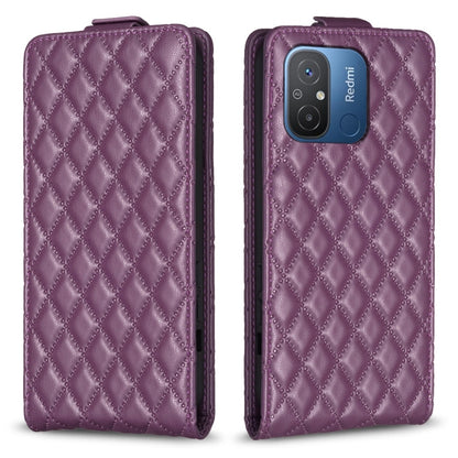 Purple leather flip phone case with diamond lattice texture and camera cutout