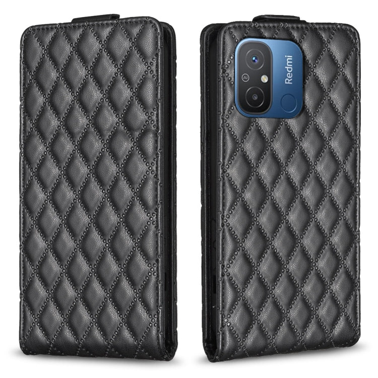 Black leather flip phone case with diamond lattice texture and camera cutout